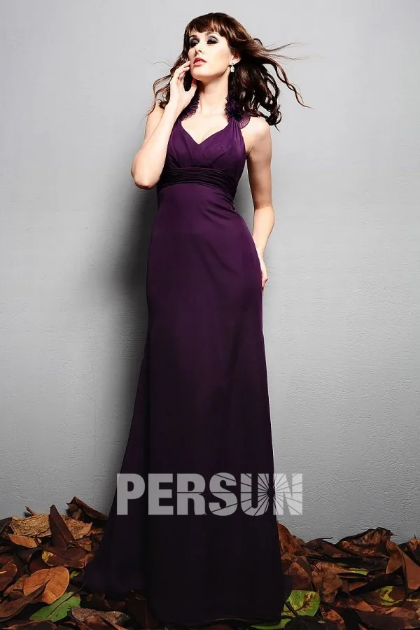 Robe violette longue demoiselle d honneur col halter trompette en mousseline empire