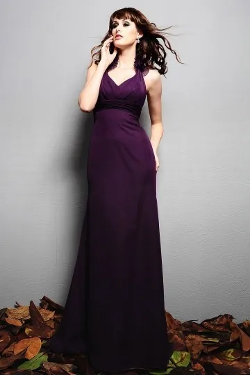 Robe violette longue demoiselle d honneur col halter trompette en mousseline empire