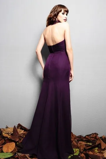 Robe violette longue demoiselle d honneur col halter trompette en mousseline empire